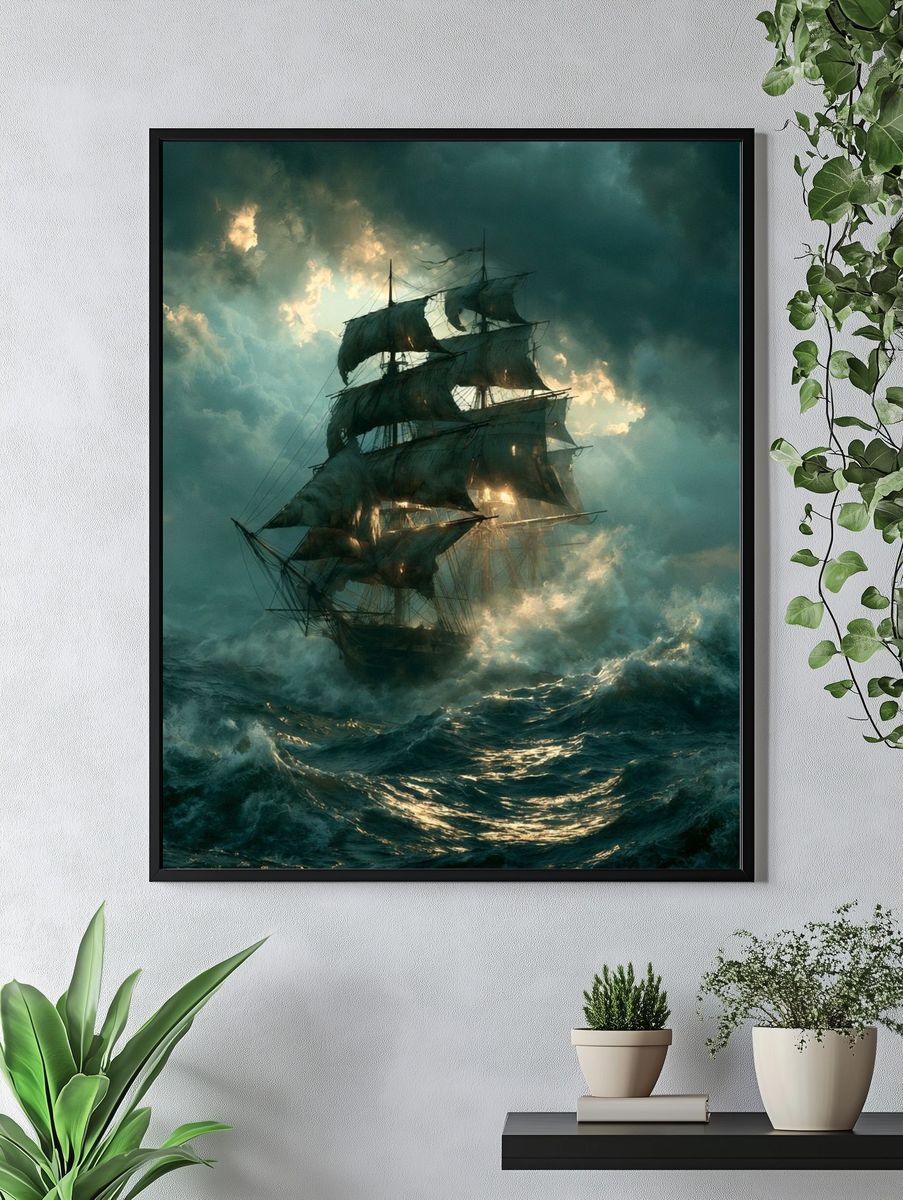 Stormy Tall Ship Illustration Poster. — room view 4