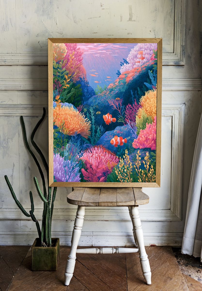 Coral Reef Clownfish Illustration Poster. — room view 1