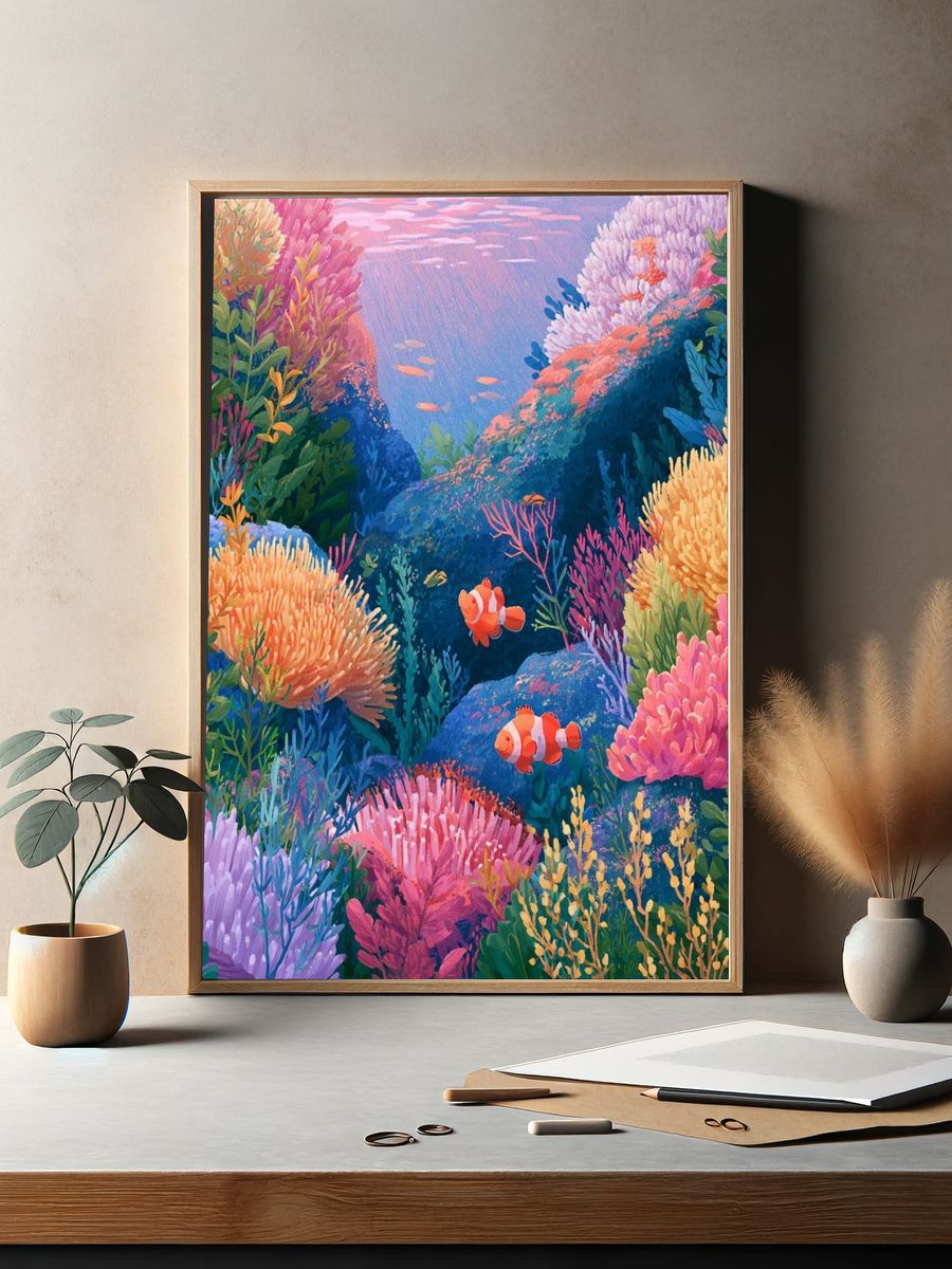 Coral Reef Clownfish Illustration Poster. — room view 2