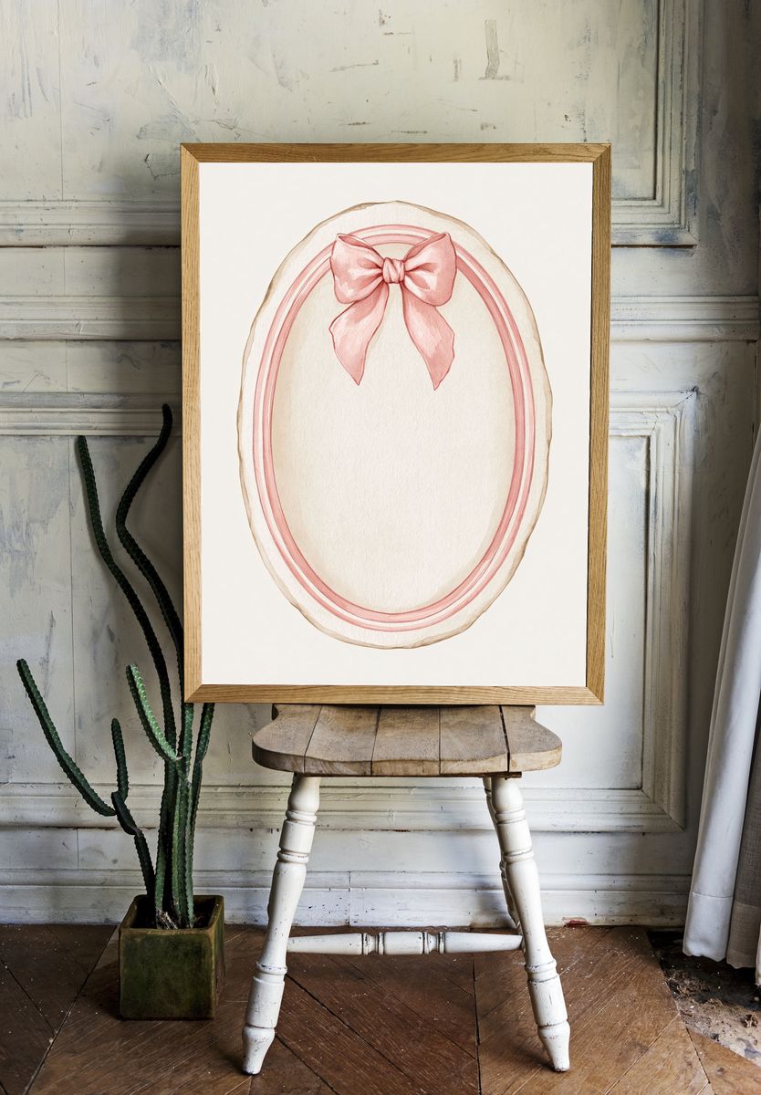 Pink Bow Oval Watercolor Print. — room view 1
