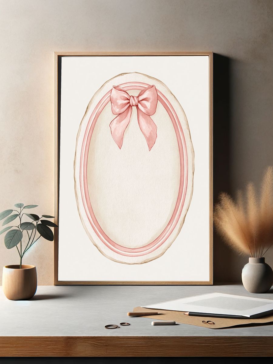Pink Bow Oval Watercolor Print. — room view 2