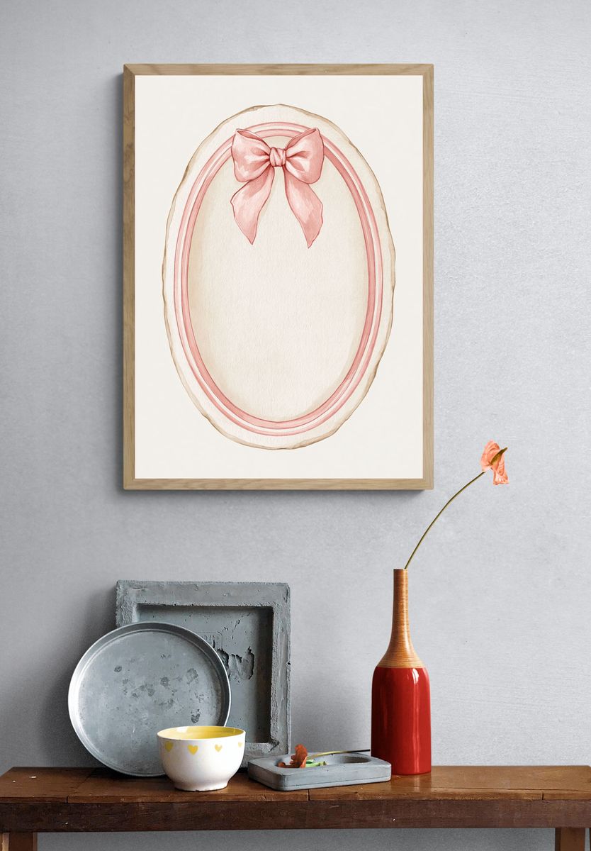 Pink Bow Oval Watercolor Print. — room view 3