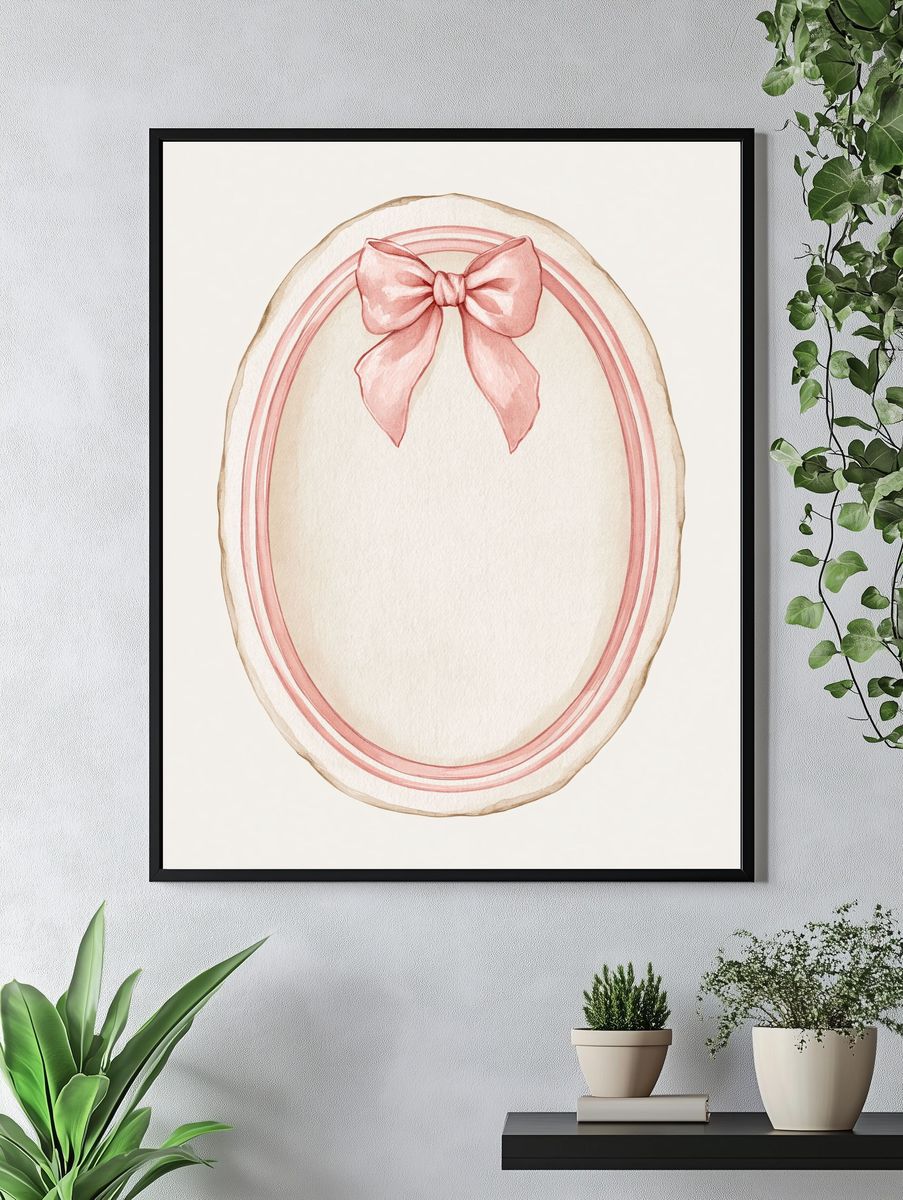 Pink Bow Oval Watercolor Print. — room view 4