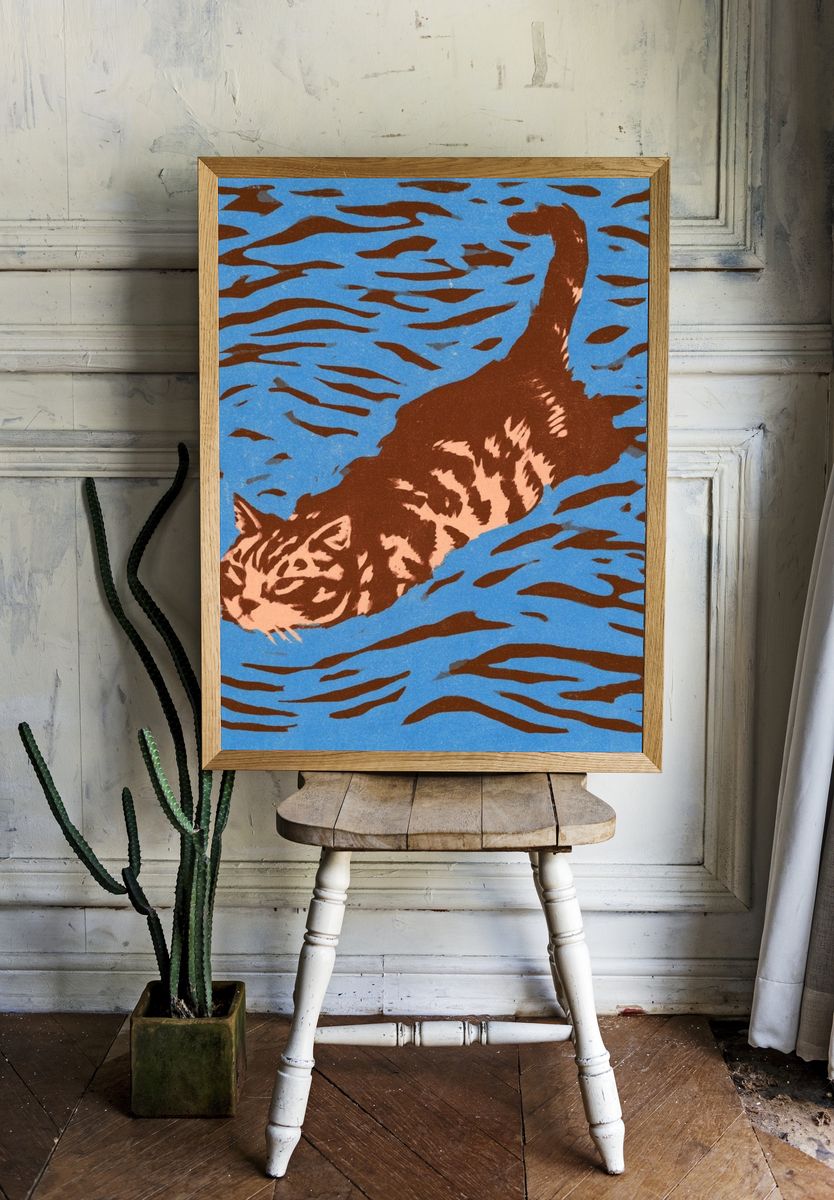 Swimming Cat Illustration Poster. room preview