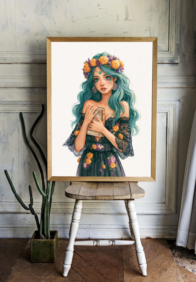 Floral Girl Watercolor Poster. — room view 1