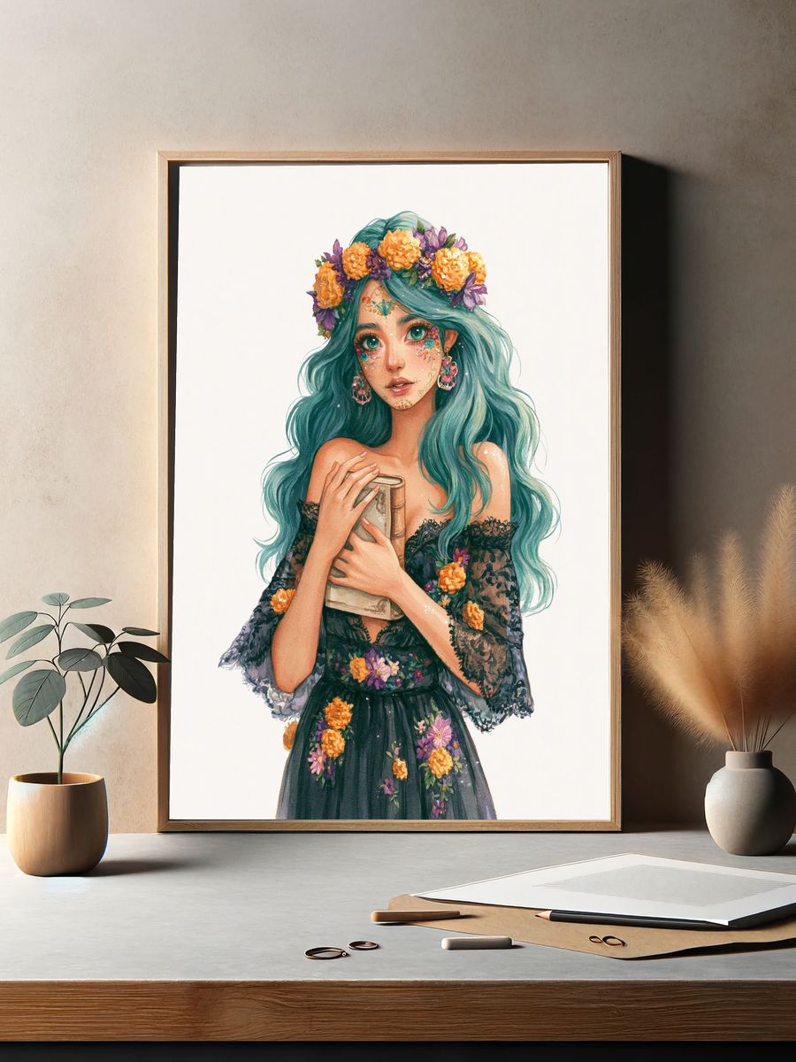 Floral Girl Watercolor Poster. — room view 2