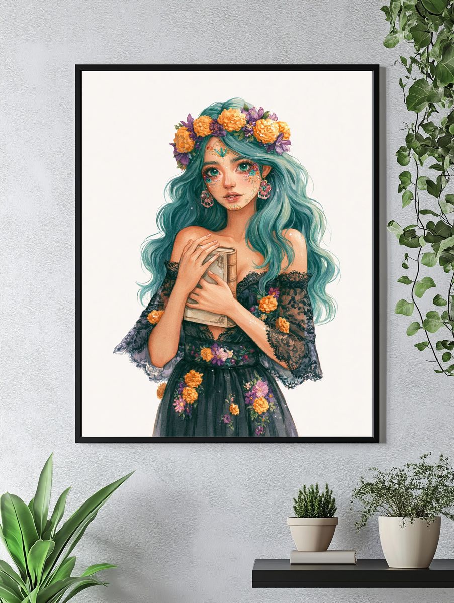 Floral Girl Watercolor Poster. — room view 4