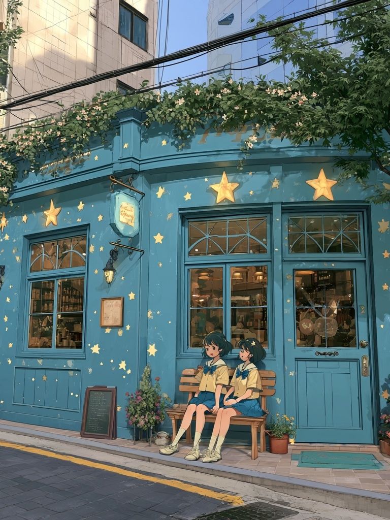 Blue Cafe Street Scene Illustration Poster. poster detail