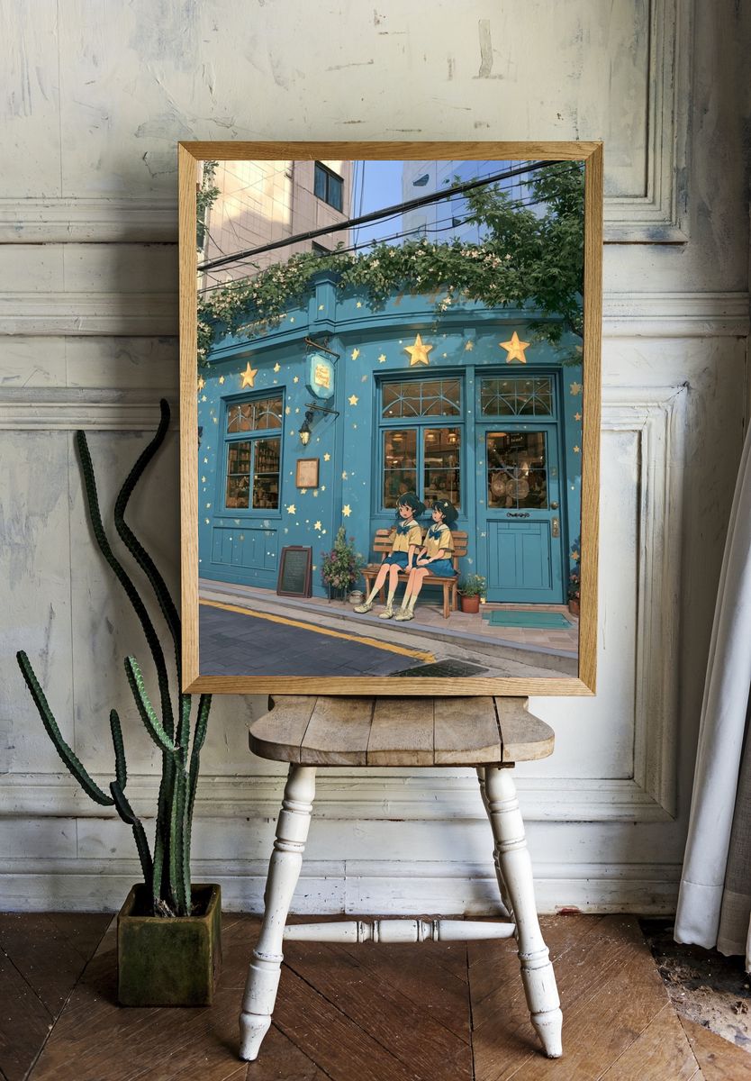Blue Cafe Street Scene Illustration Poster. — room view 1