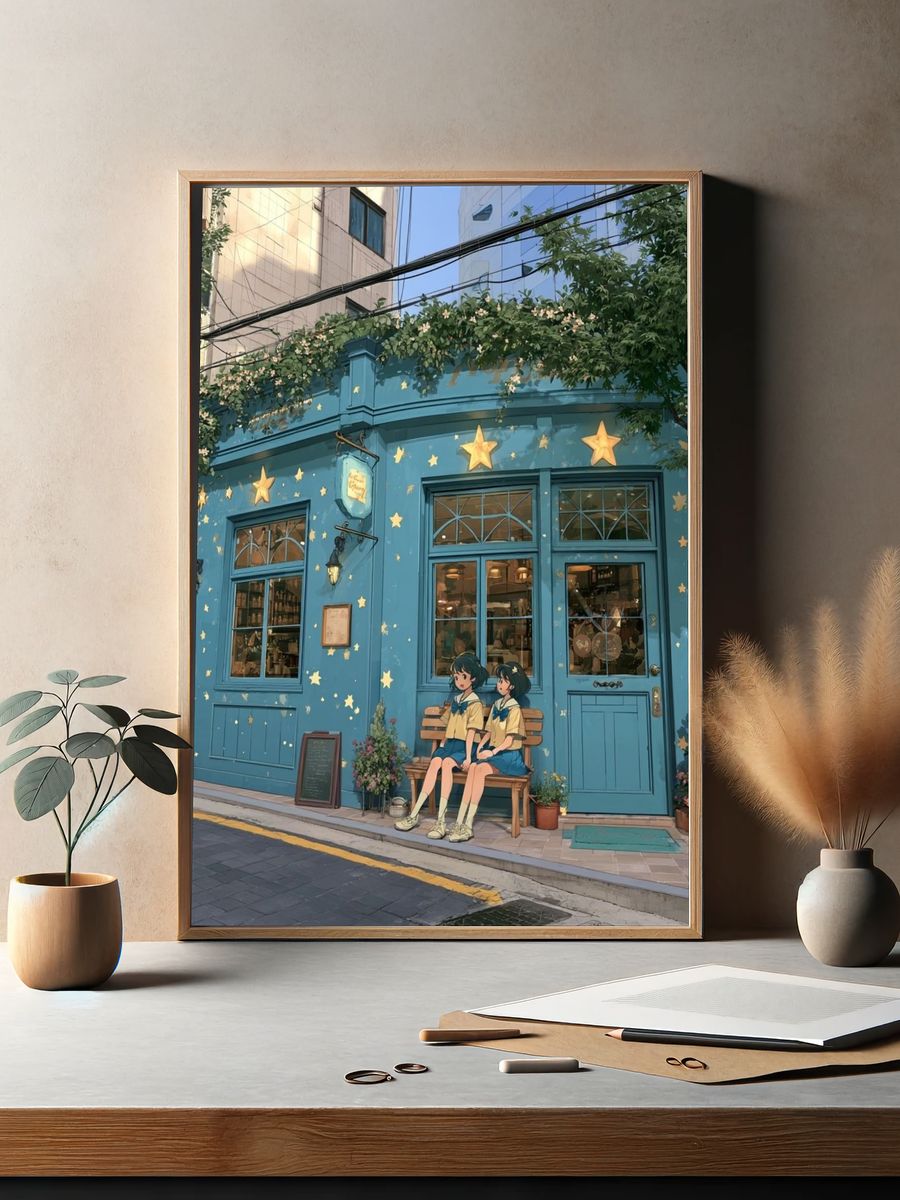Blue Cafe Street Scene Illustration Poster. — room view 2