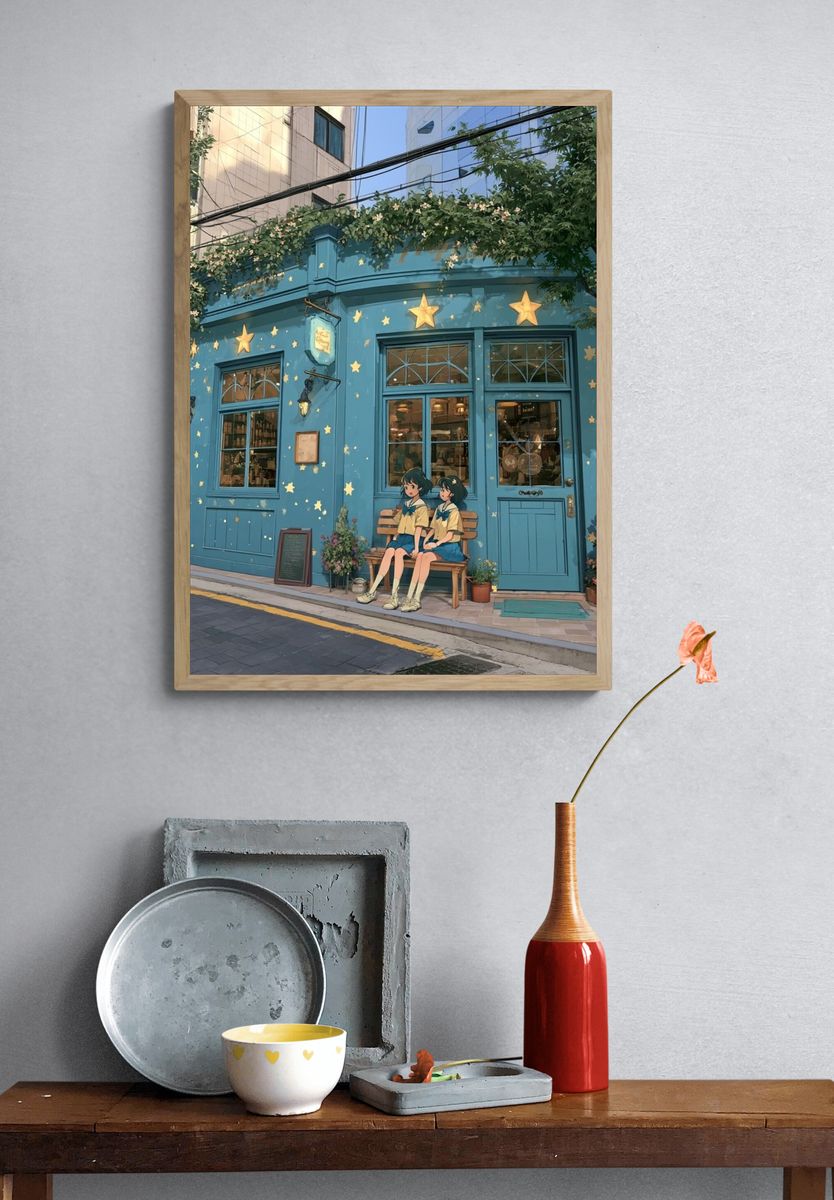 Blue Cafe Street Scene Illustration Poster. — room view 3