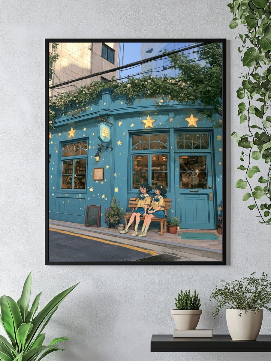 Blue Cafe Street Scene Illustration Poster. — room view 4