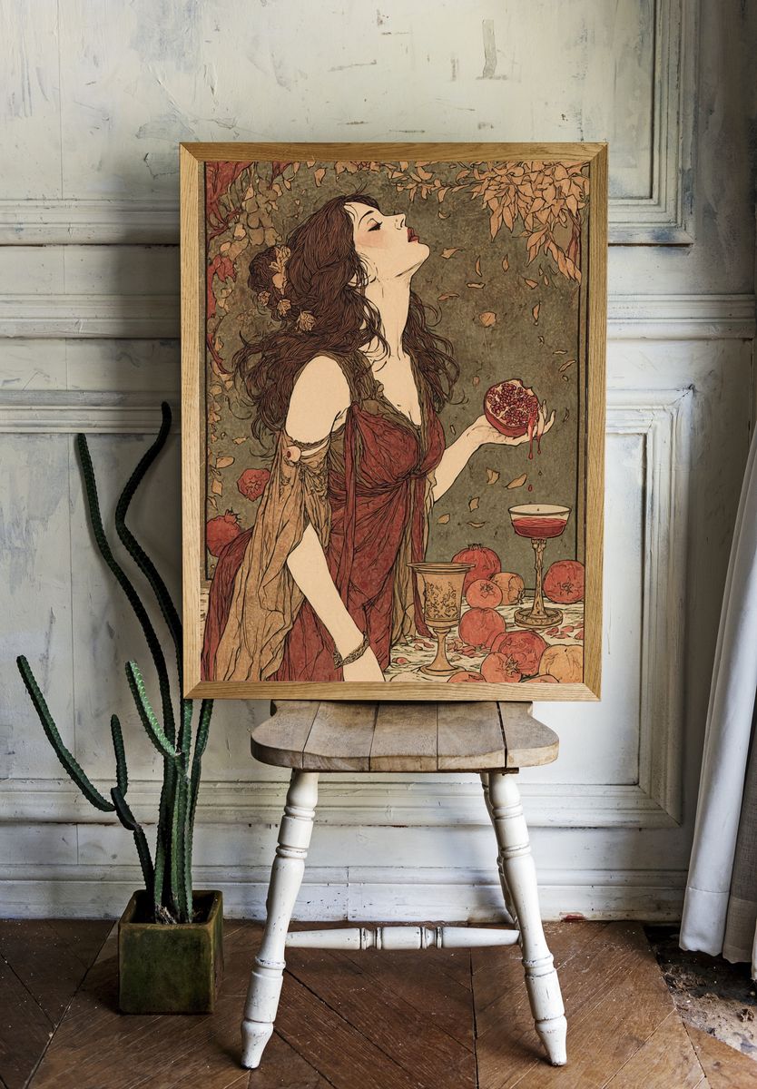 Pomegranate Woman Art Nouveau Poster. room preview