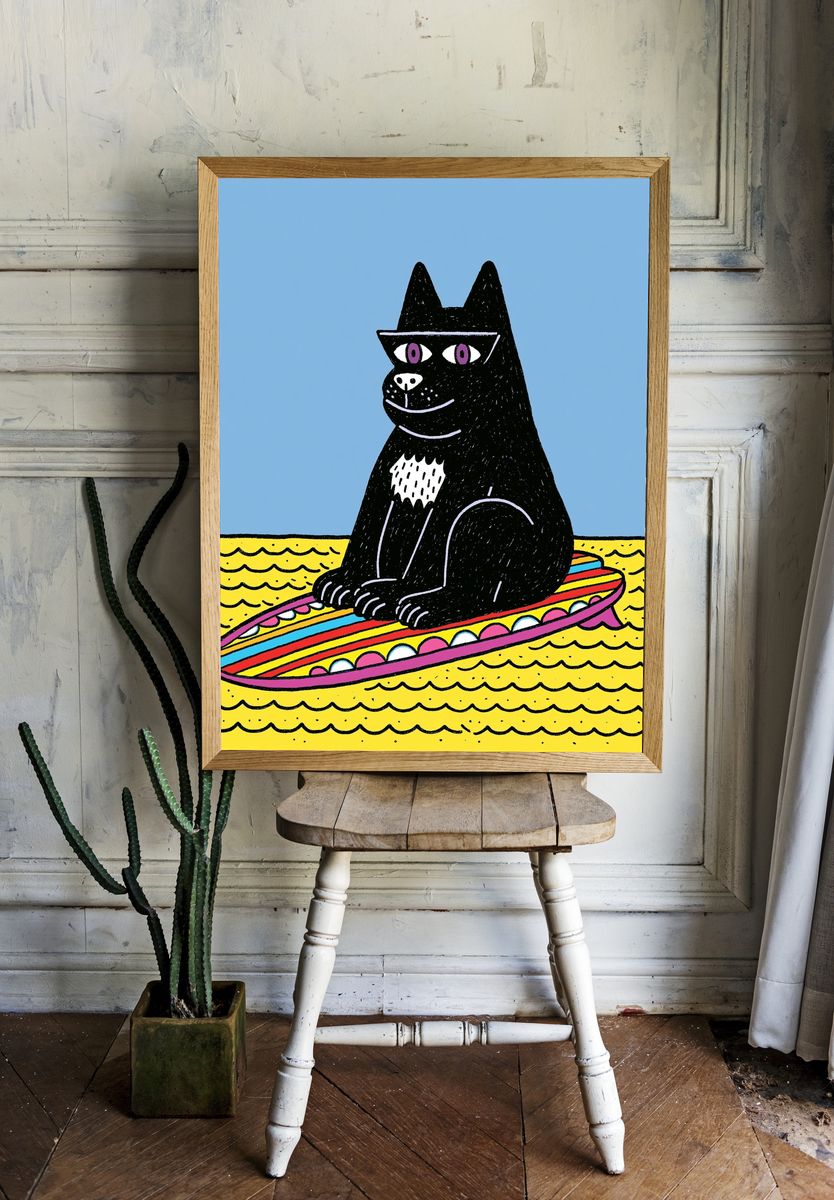Black Cat Surfboard Illustration Poster. room preview