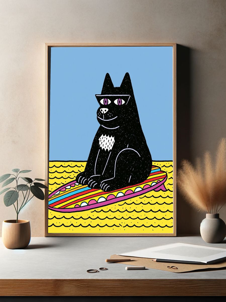 Black Cat Surfboard Illustration Poster. — room view 2