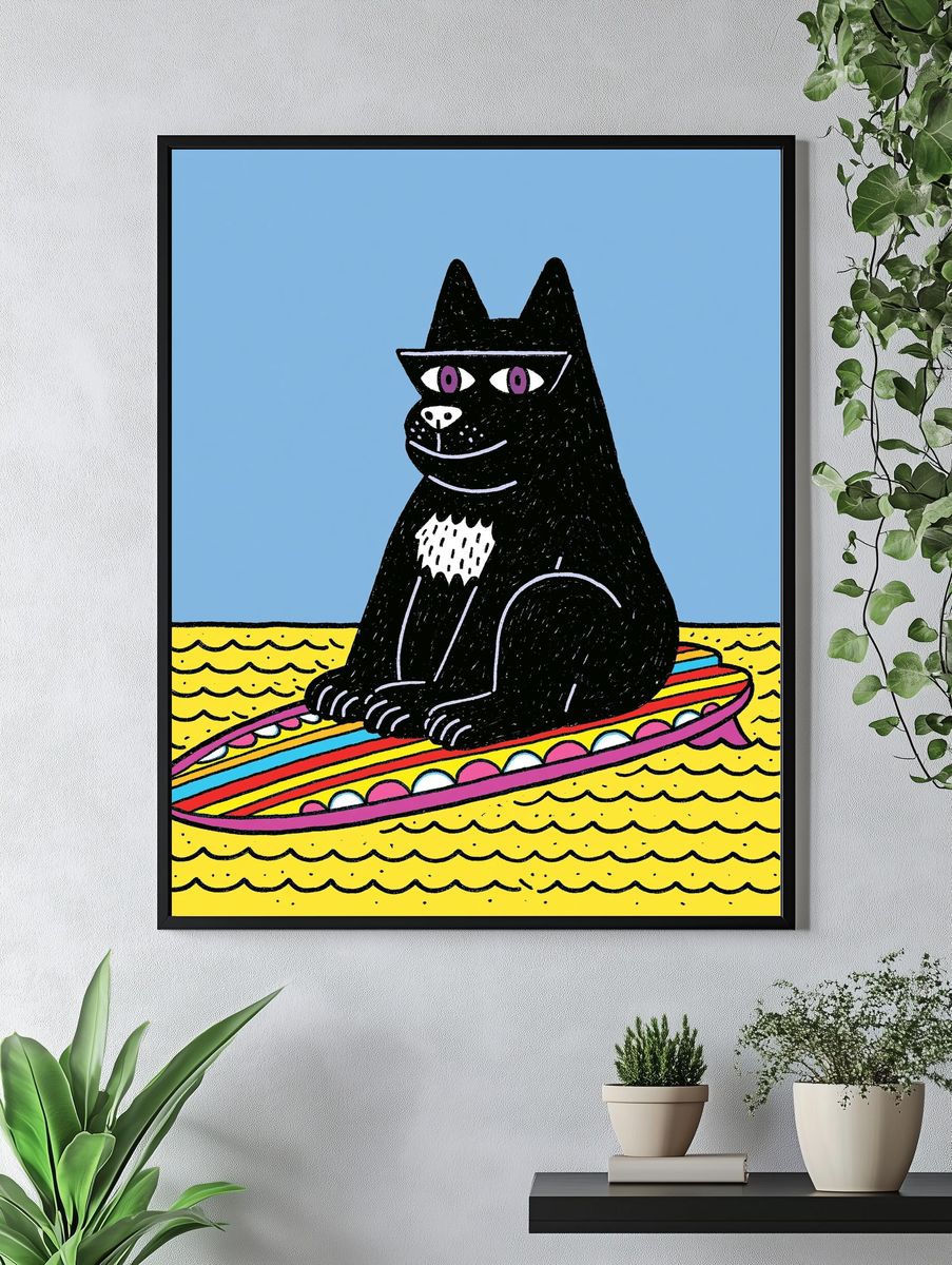 Black Cat Surfboard Illustration Poster. — room view 4