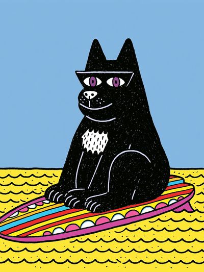 Black Cat Surfboard Illustration Poster.