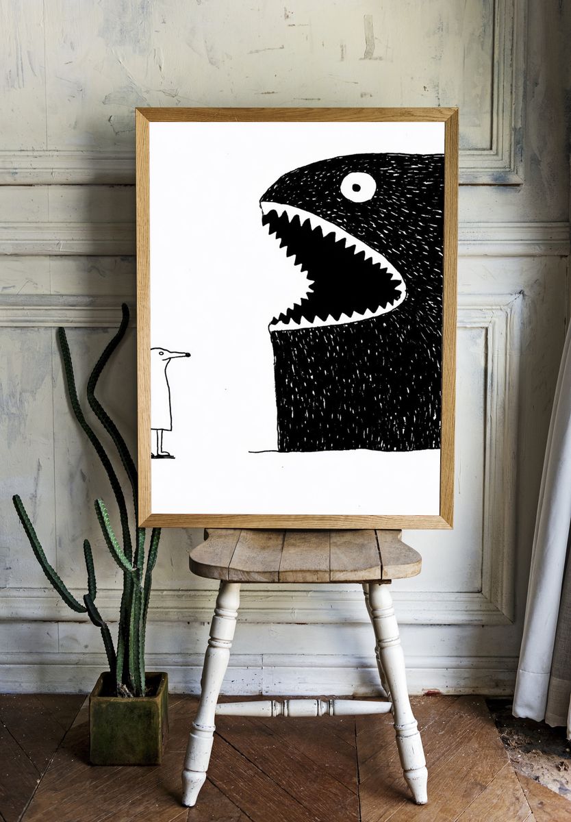 Surreal Bird and Monster Illustration Poster. — room view 1
