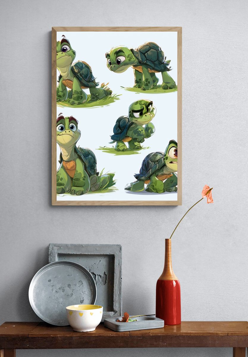 Cute Turtle Characters Illustration Poster. — room view 3