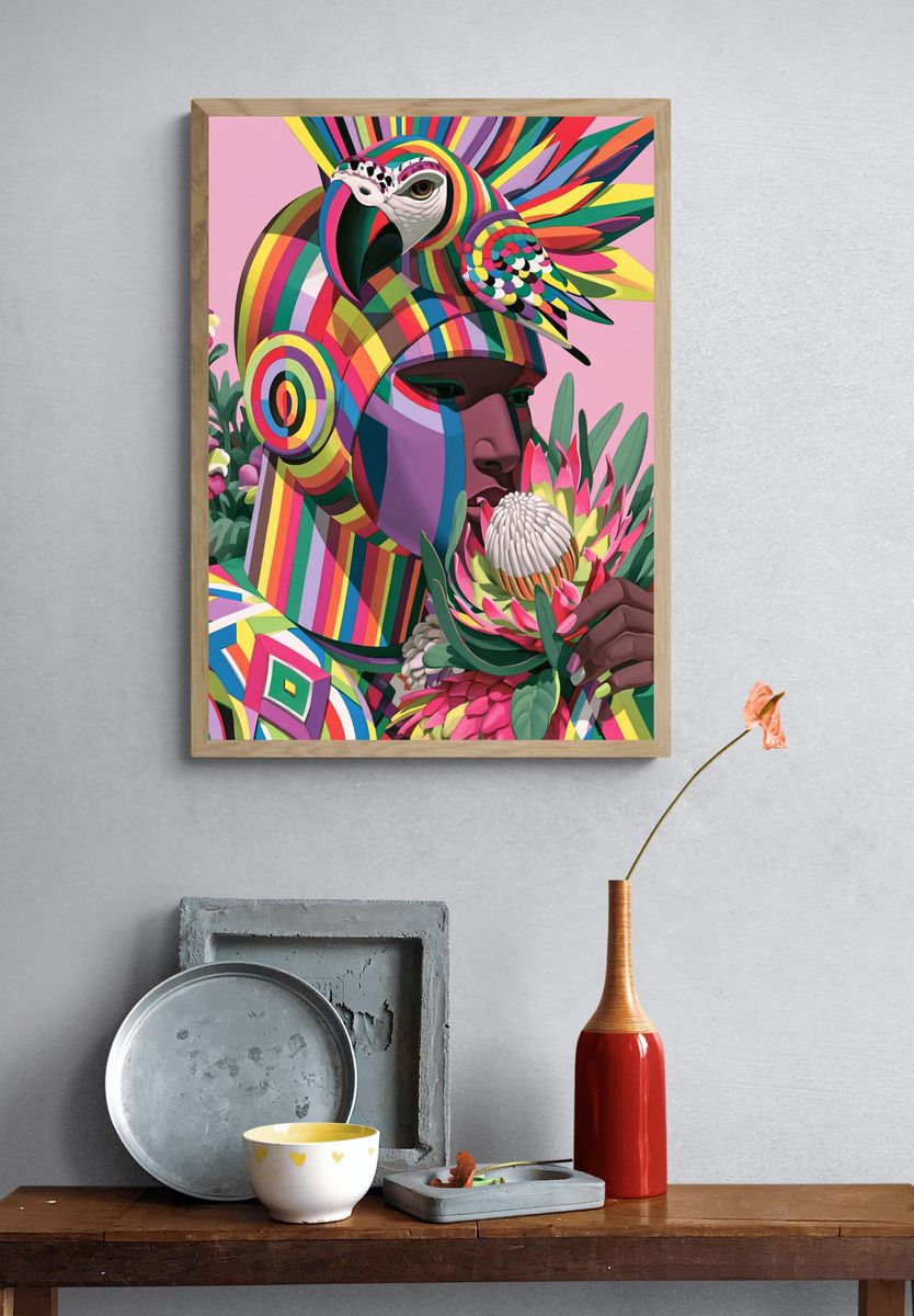 Rainbow Parrot Portrait Print. — room view 3