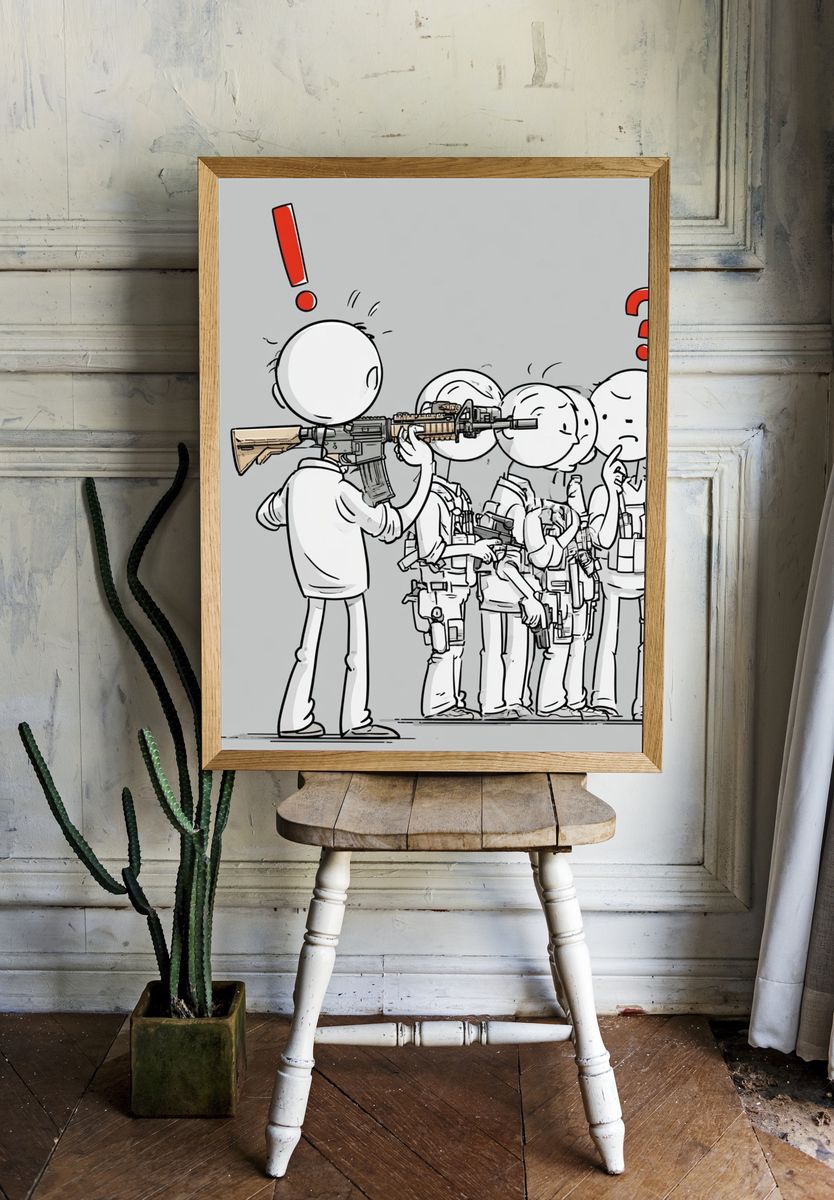 Cartoon Soldiers Confusion Illustration Poster. — room view 1