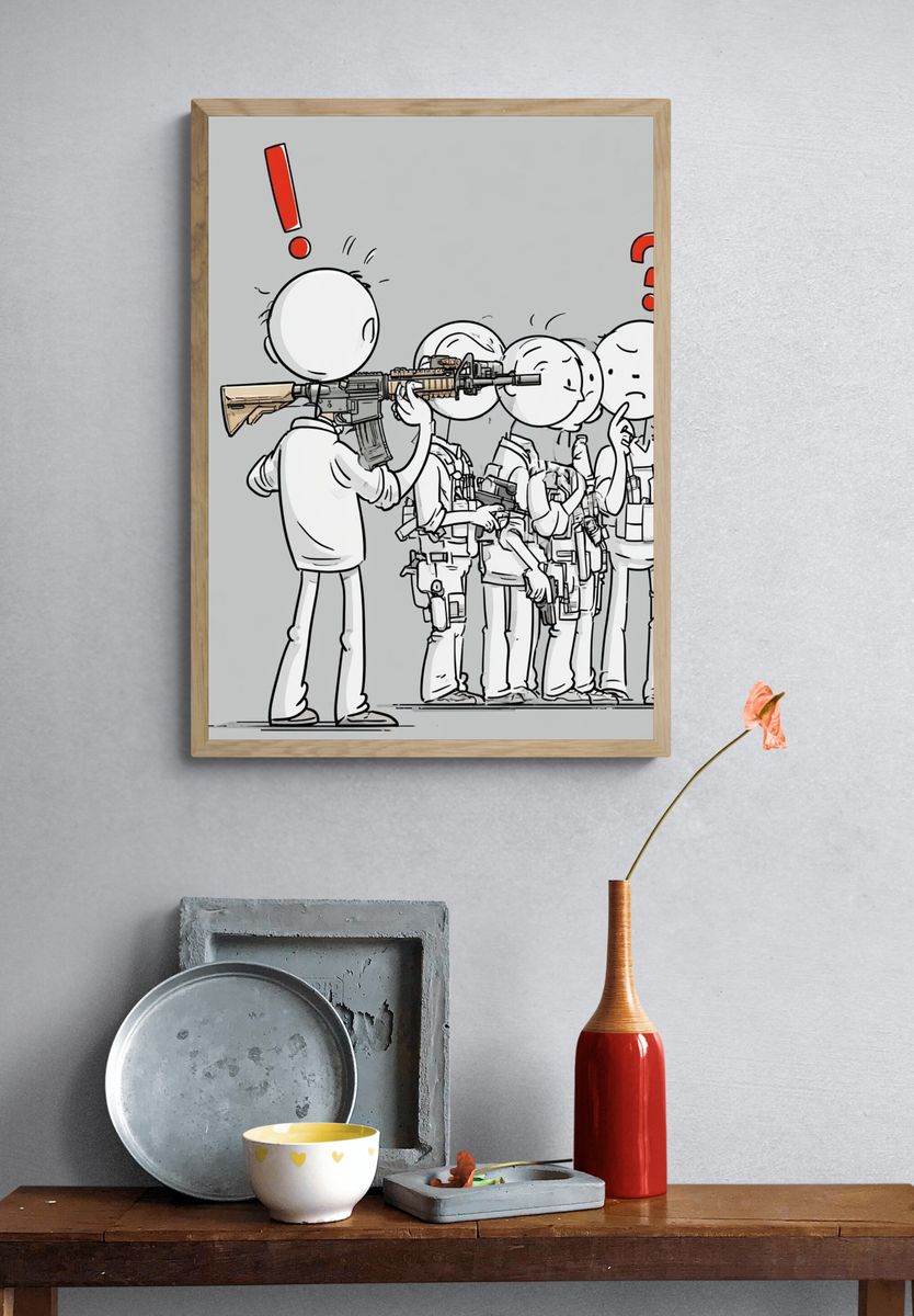 Cartoon Soldiers Confusion Illustration Poster. — room view 3