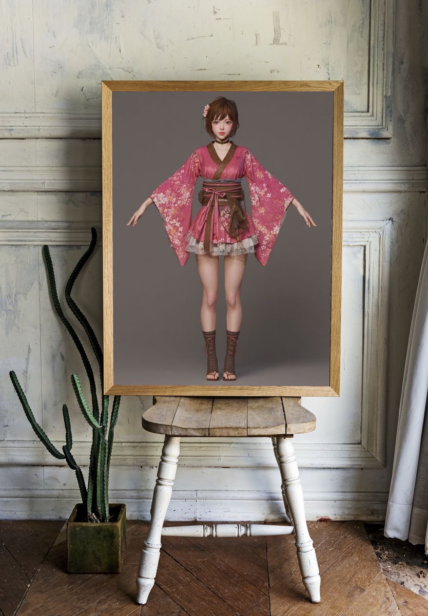 Pink Kimono Fashion Illustration Print. — room view 1