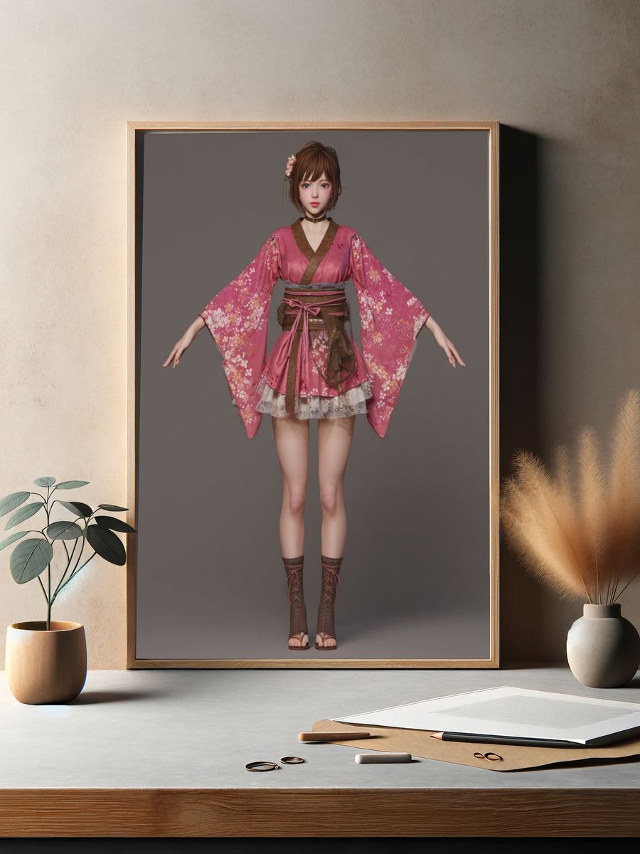 Pink Kimono Fashion Illustration Print. — room view 2