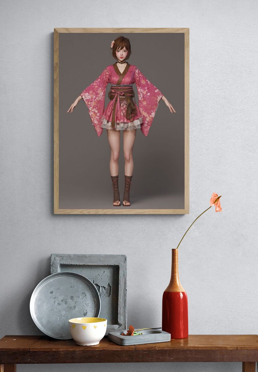 Pink Kimono Fashion Illustration Print. — room view 3