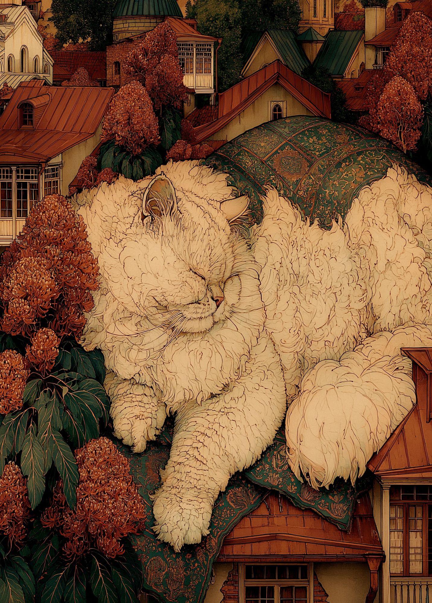 Sleeping Cat Village Illustration Poster. poster — illustration art