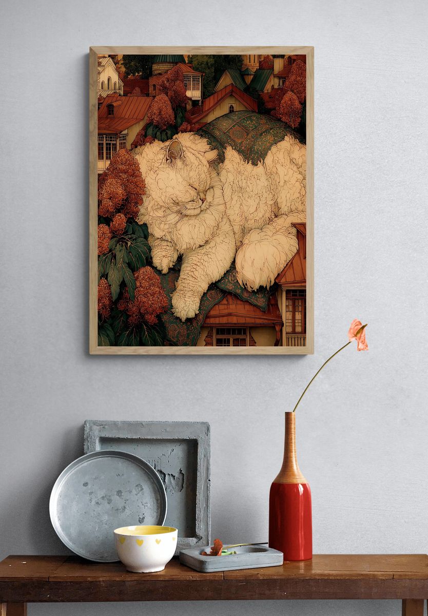 Sleeping Cat Village Illustration Poster. — room view 3