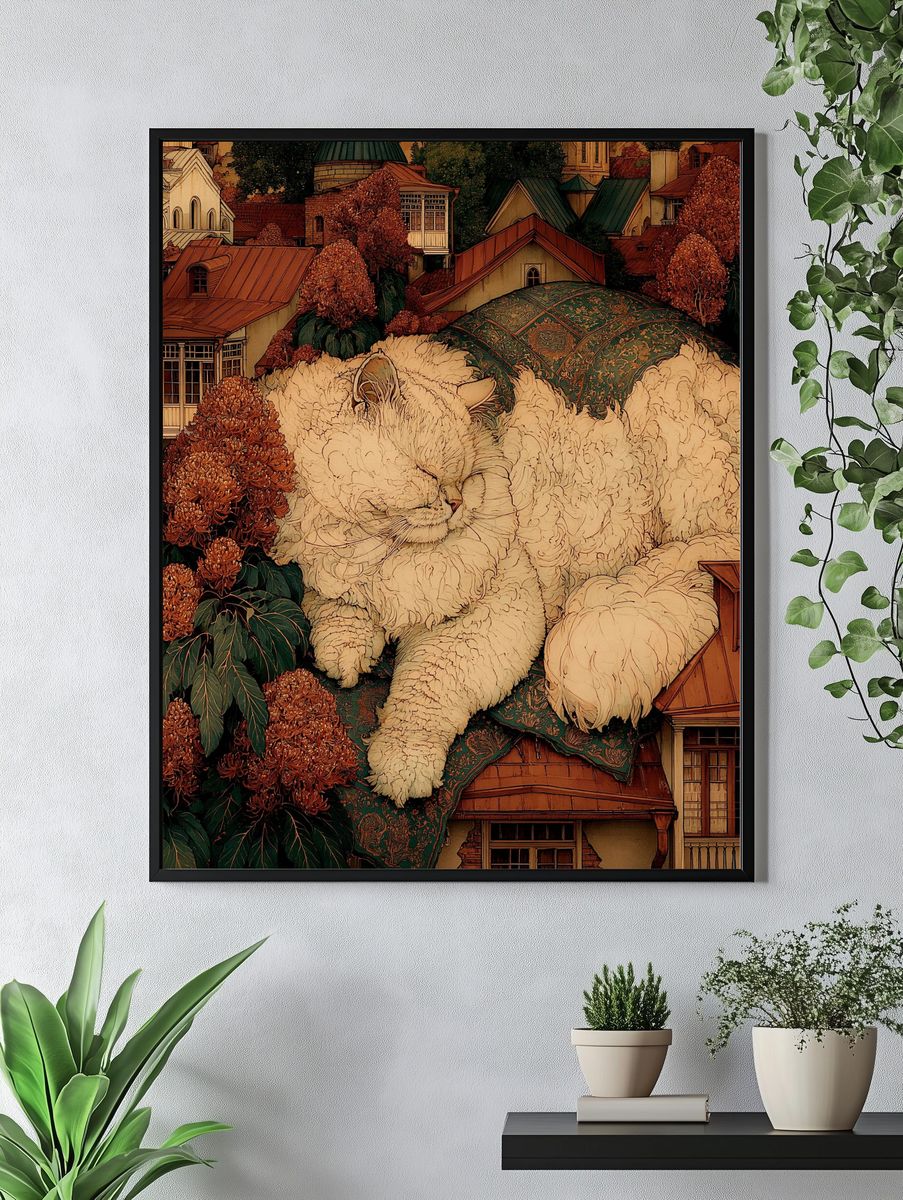 Sleeping Cat Village Illustration Poster. — room view 4