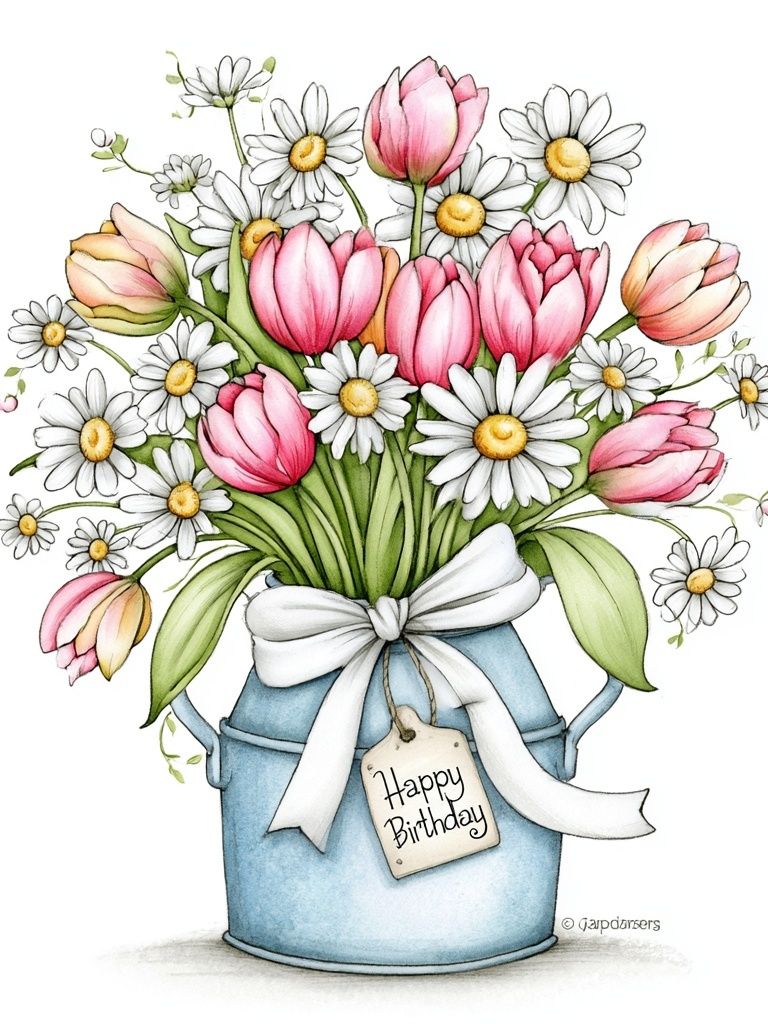 Birthday Tulips and Daisies Illustration Poster. poster — illustration art