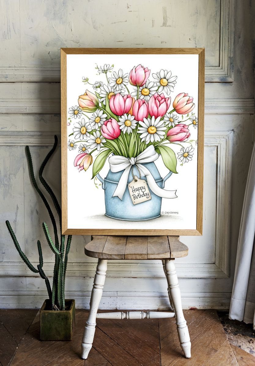 Birthday Tulips and Daisies Illustration Poster. — room view 1