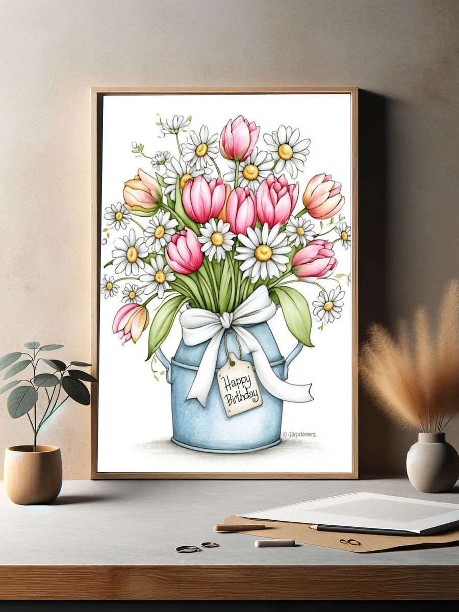 Birthday Tulips and Daisies Illustration Poster. — room view 2