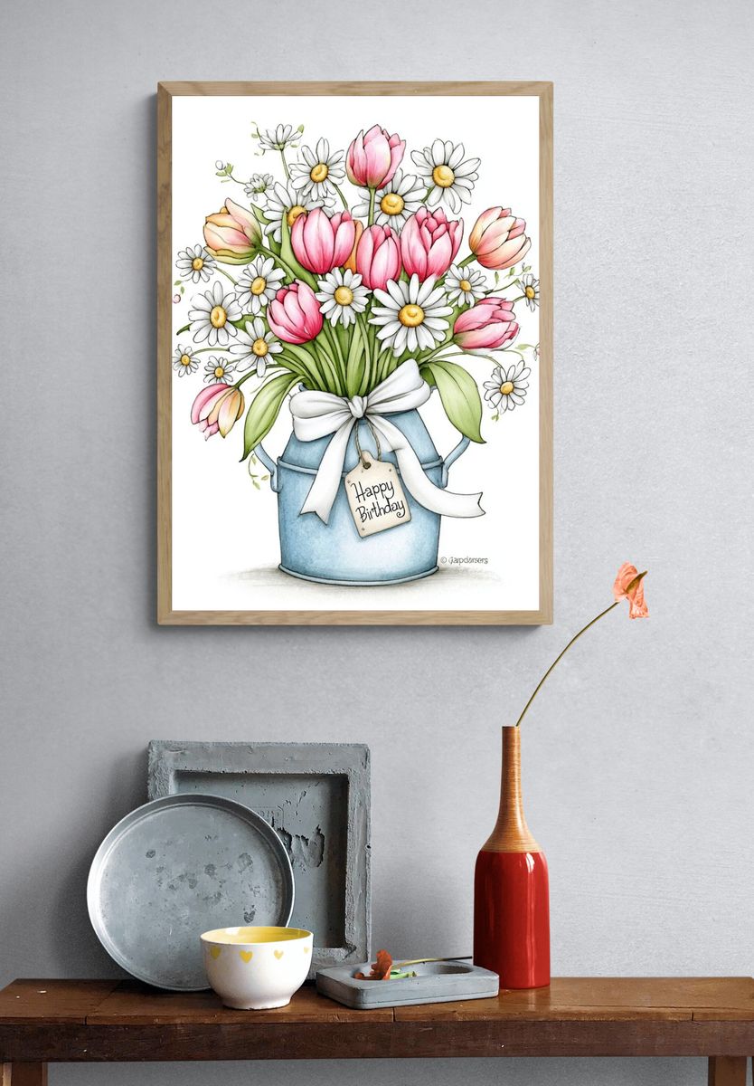 Birthday Tulips and Daisies Illustration Poster. — room view 3