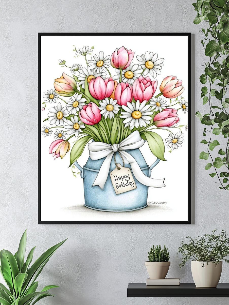 Birthday Tulips and Daisies Illustration Poster. — room view 4