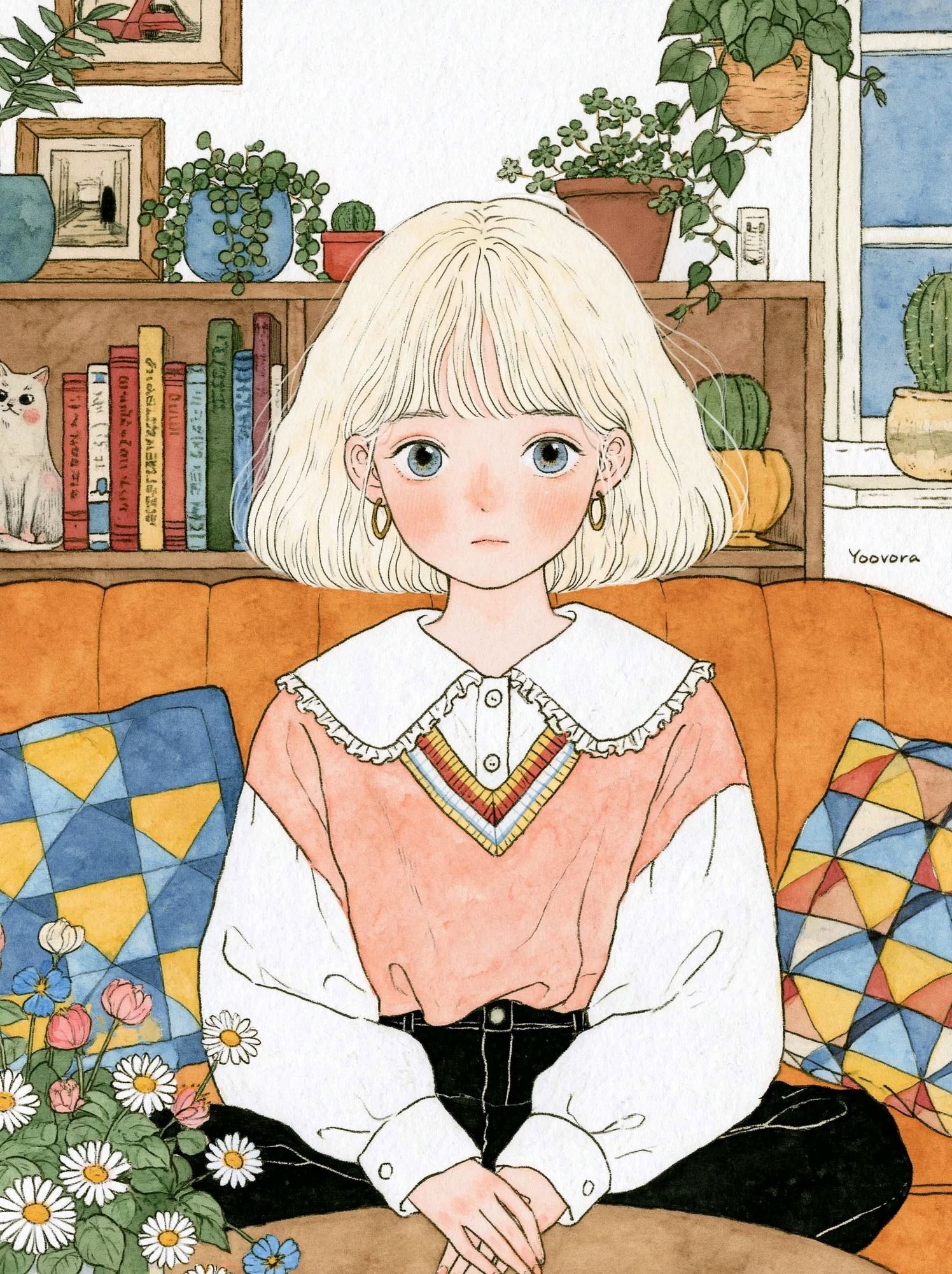 Blonde Girl in Cozy Room Illustration Poster. poster detail