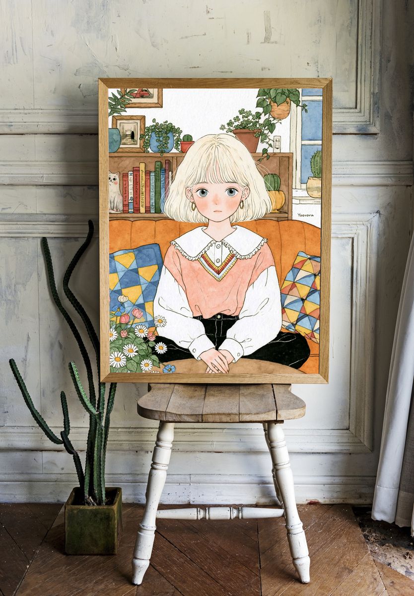 Blonde Girl in Cozy Room Illustration Poster. — room view 1