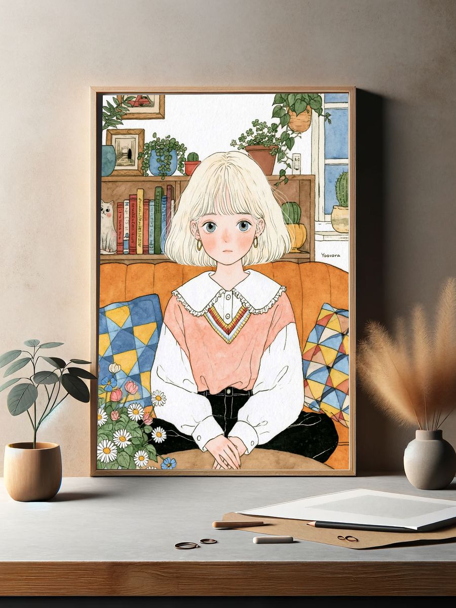Blonde Girl in Cozy Room Illustration Poster. — room view 2