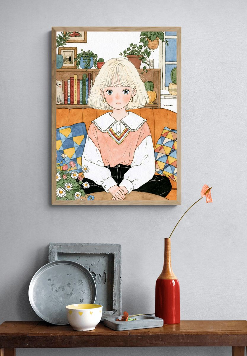 Blonde Girl in Cozy Room Illustration Poster. — room view 3