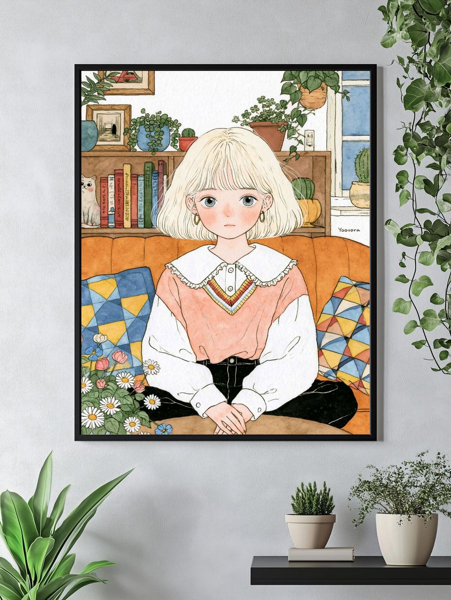 Blonde Girl in Cozy Room Illustration Poster. — room view 4
