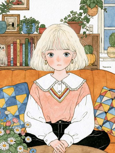 Blonde Girl in Cozy Room Illustration Poster.