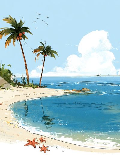 Tropical Beach Cove Illustration Poster.
