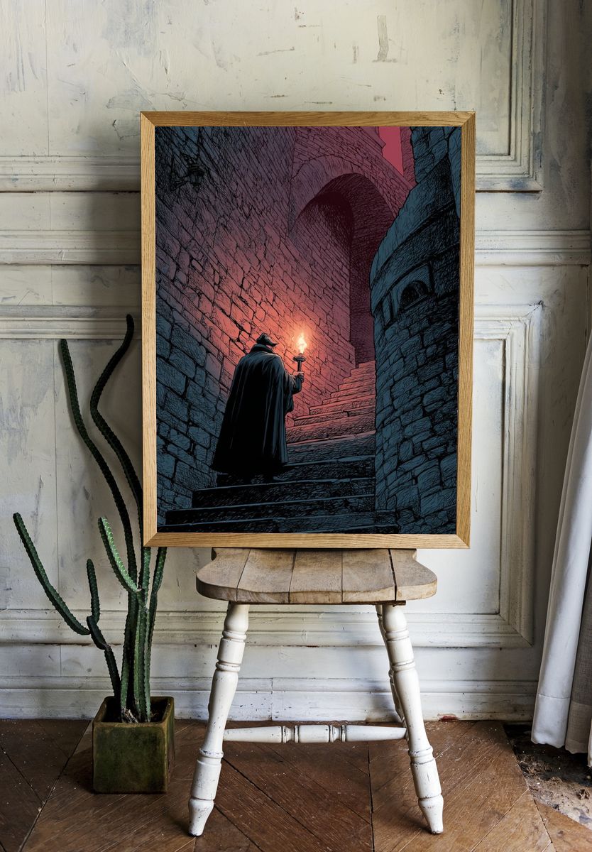 Torchlit Castle Stairway Illustration Poster. room preview