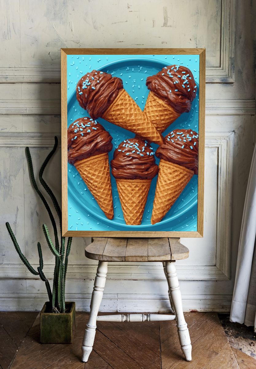 Chocolate Ice Cream Cones Illustration Poster. — room view 1