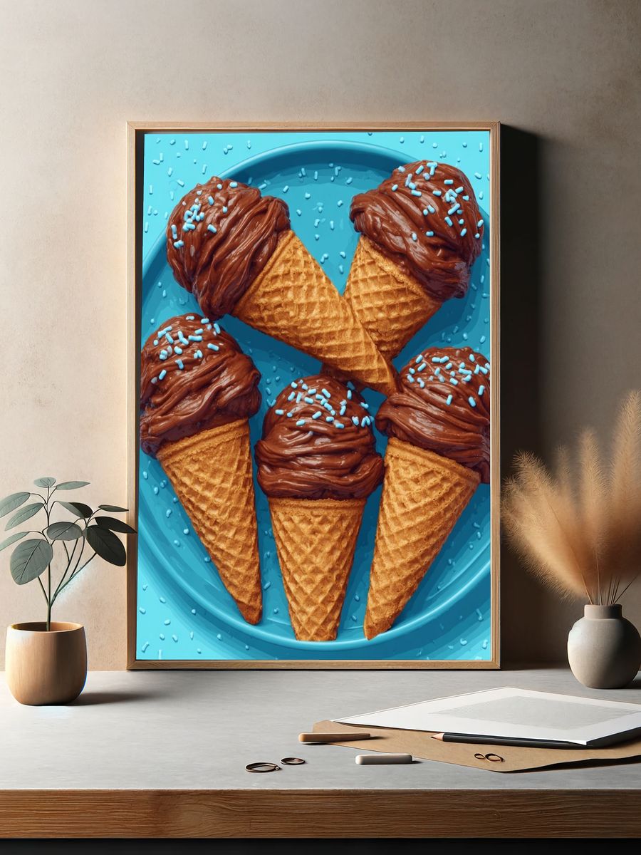 Chocolate Ice Cream Cones Illustration Poster. — room view 2
