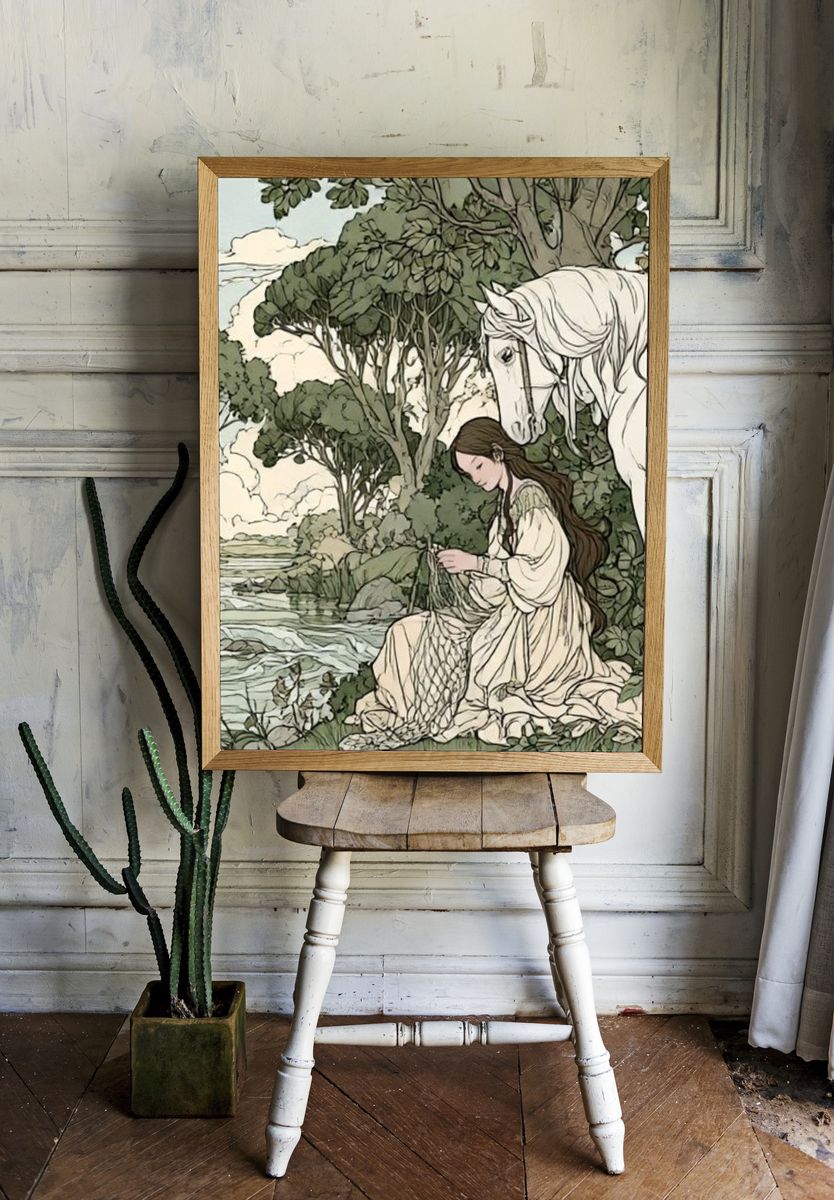 Girl and White Horse Illustration Poster. room preview