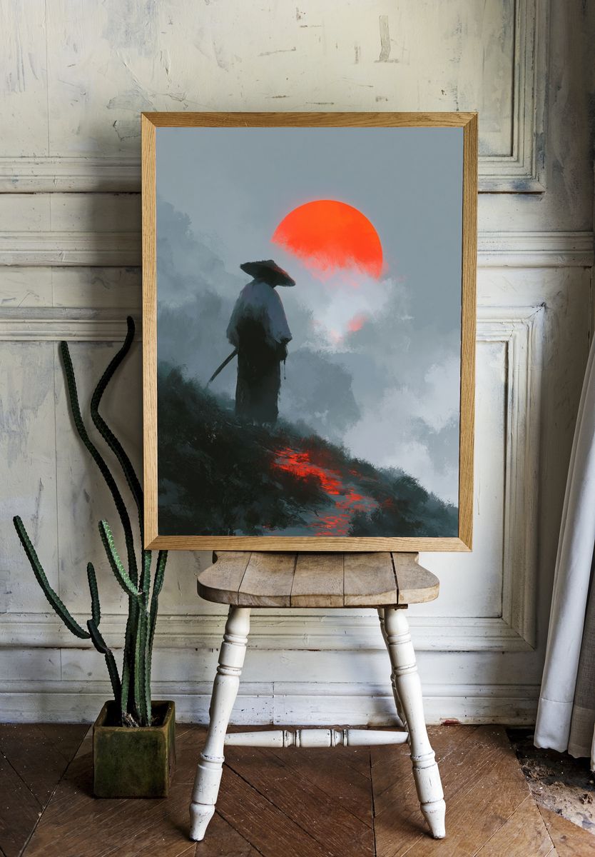 Samurai at Red Sun Digital Art Poster. — room view 1