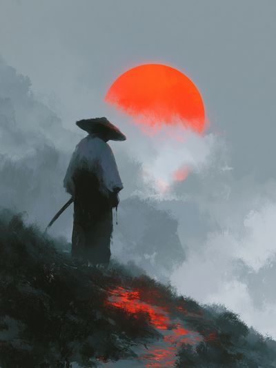 Samurai at Red Sun Digital Art Poster.